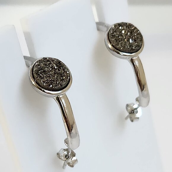 VTG 925 Silver Druzy Hoope Stud Earrings - Picture 5 of 9